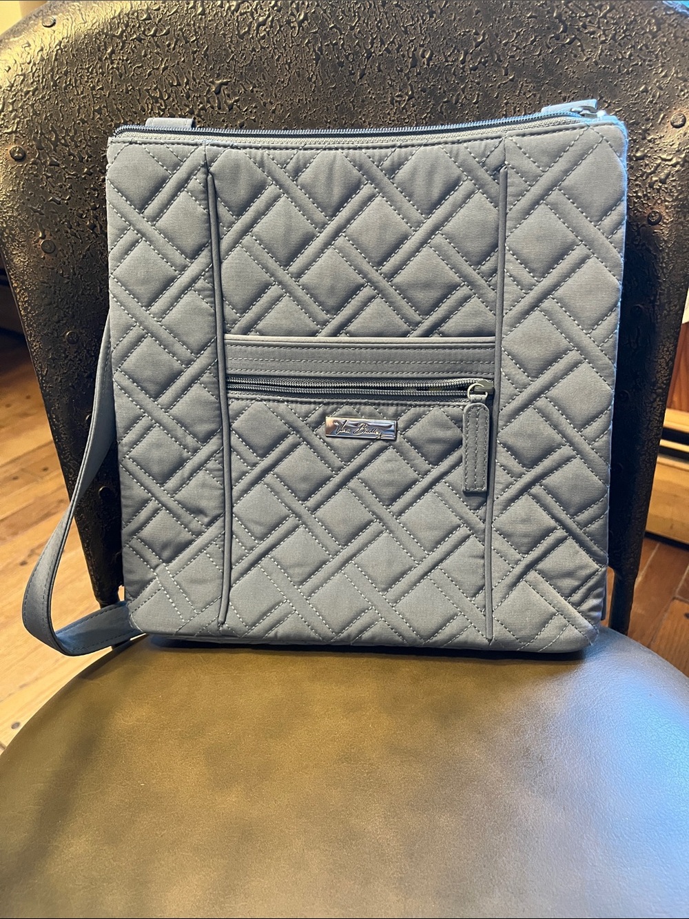 Quilted Slate Blue Crossbody Bag with Front Zip Pocket